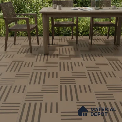 Modern outdoor space with geometric patterned brown floor tiles and wooden furniture