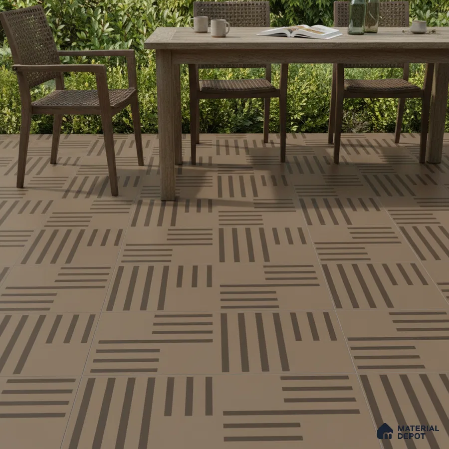 Modern outdoor space with geometric patterned brown floor tiles and wooden furniture
