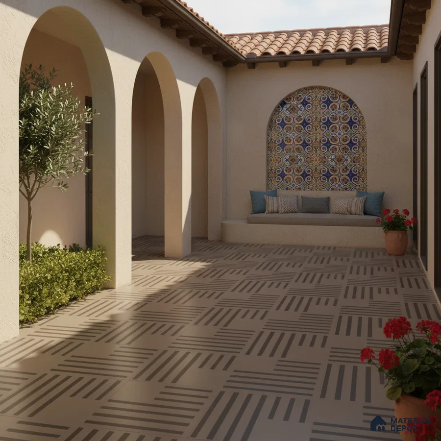 Mediterranean outdoor courtyard with patterned ceramic wall tiles and geometric beige floor tiles