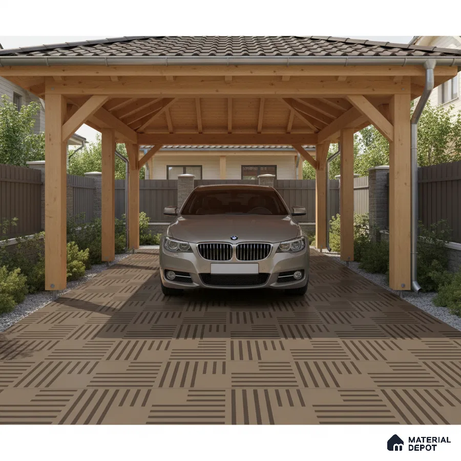 Modern parking with wooden pergola and geometric brown floor tiles