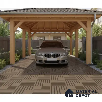 Modern parking with wooden pergola and geometric brown floor tiles