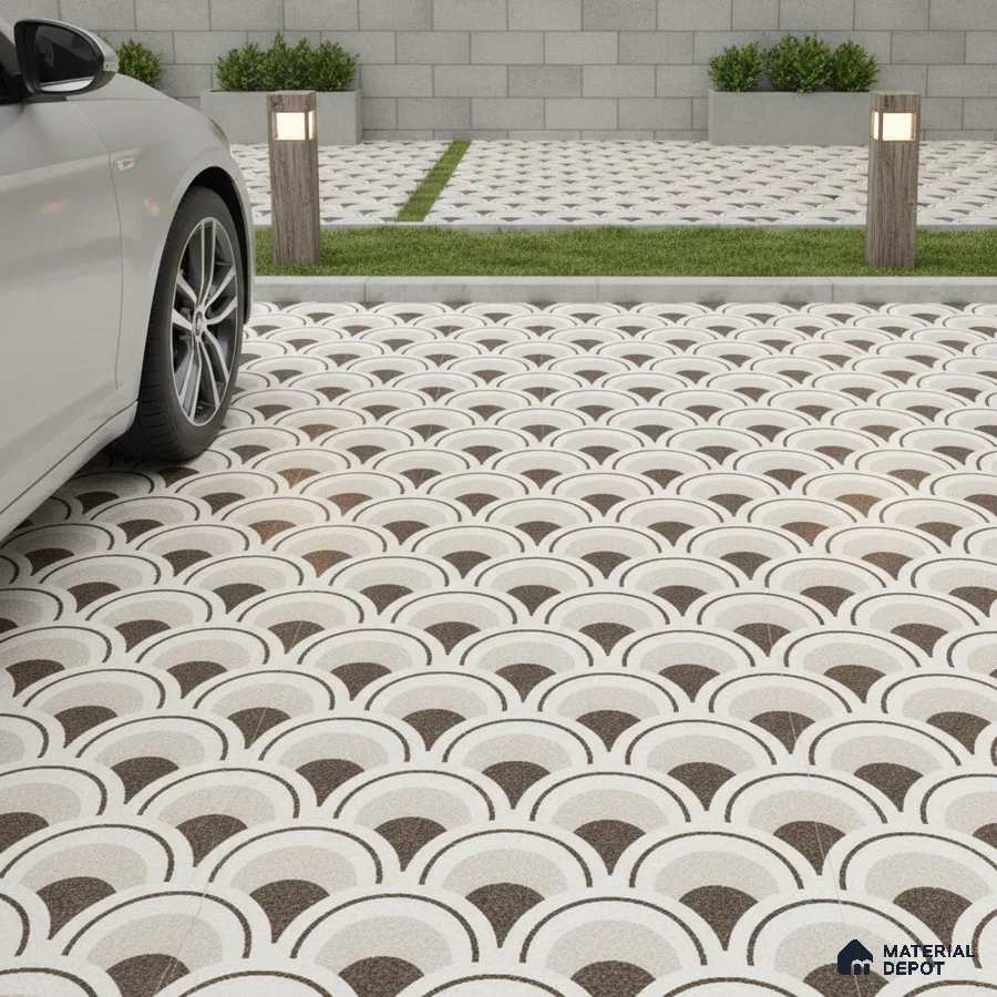 Modern parking with geometric patterned outdoor floor tiles in brown and white