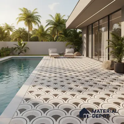 Modern outdoor poolside with geometric patterned floor tiles and minimalist landscaping