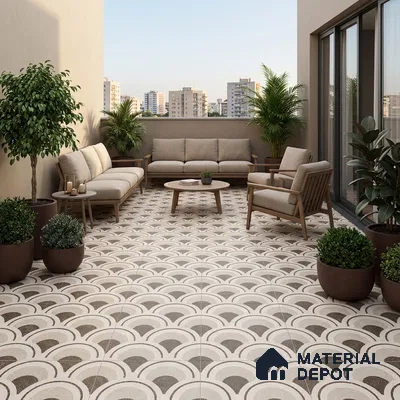 Modern balcony with geometric patterned floor tiles and beige upholstered outdoor seating