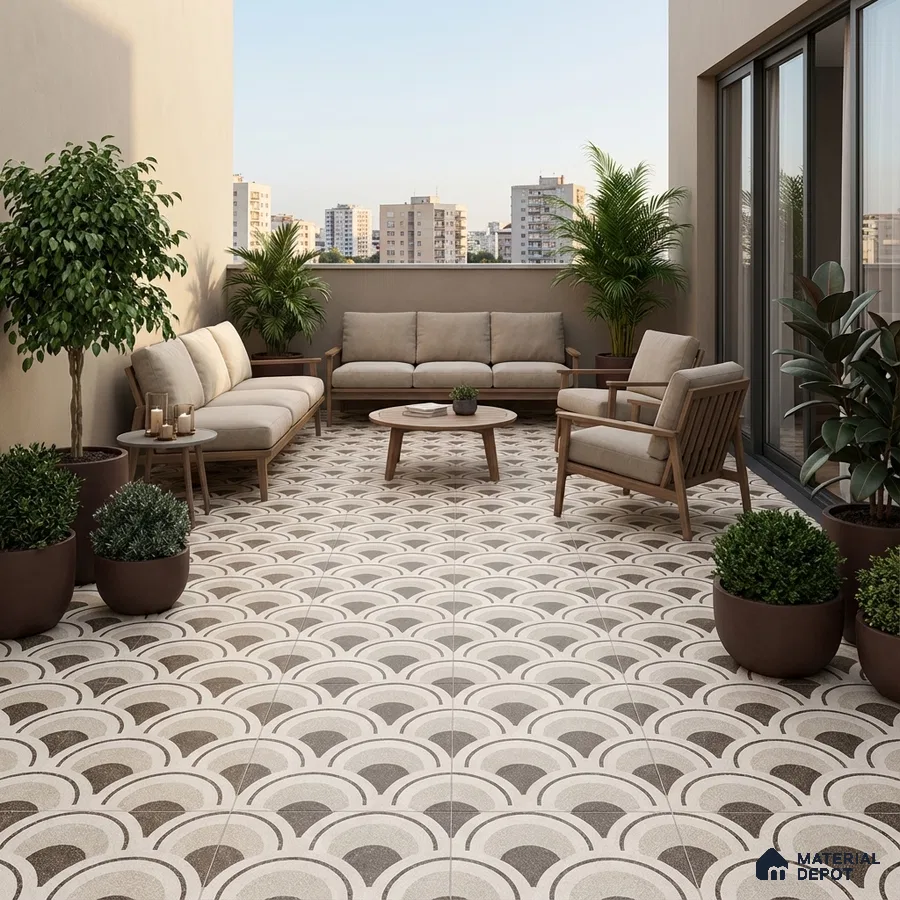 Modern balcony with geometric patterned floor tiles and beige upholstered outdoor seating