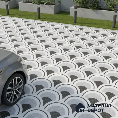 Modern parking with black and white geometric patterned floor tiles