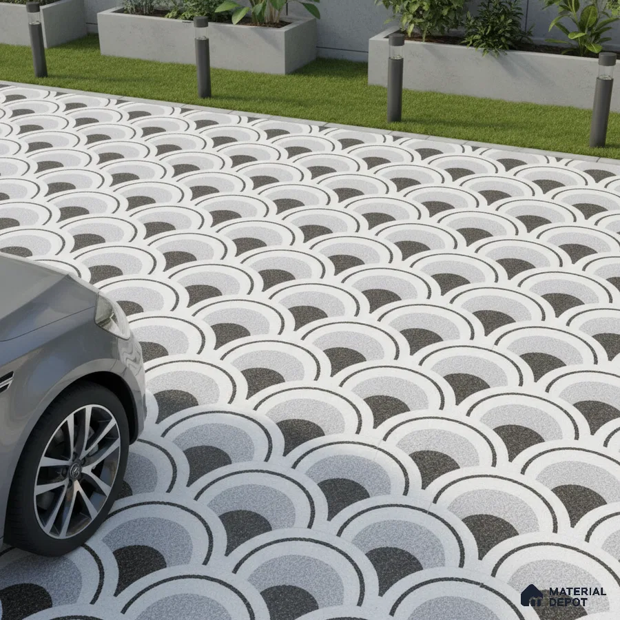 Modern parking with black and white geometric patterned floor tiles