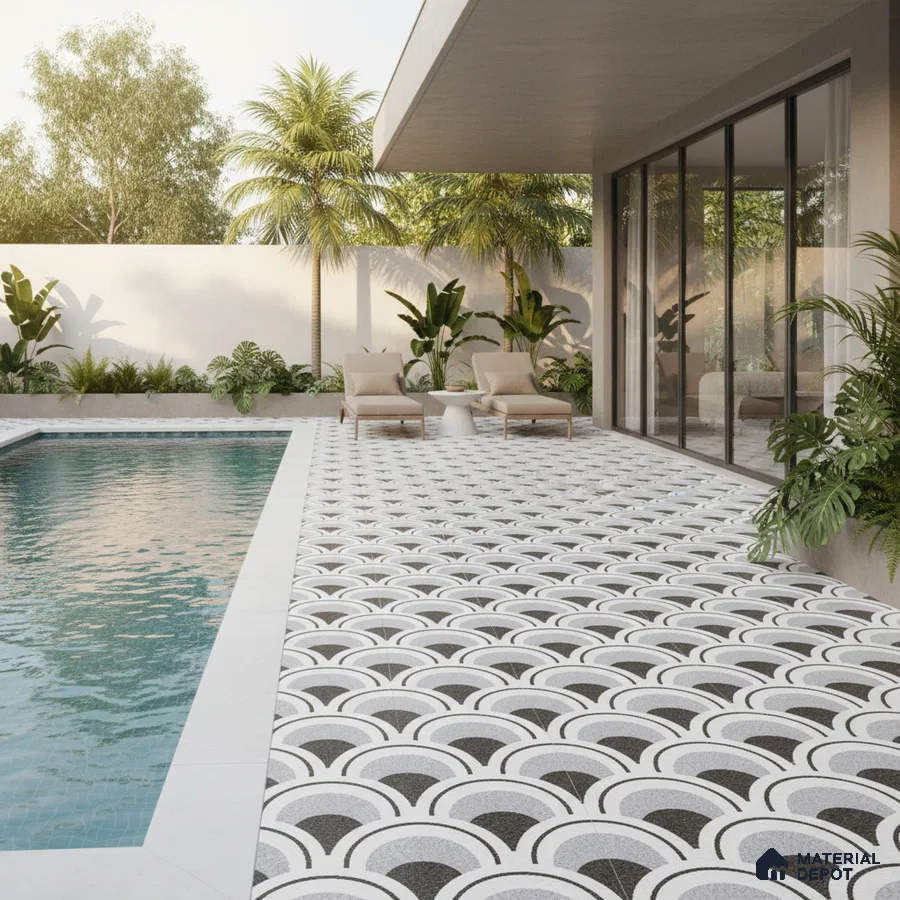 Modern outdoor poolside with black and white geometric patterned floor tiles
