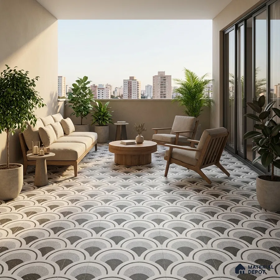Scandinavian balcony with geometric patterned floor tiles and natural wood furniture