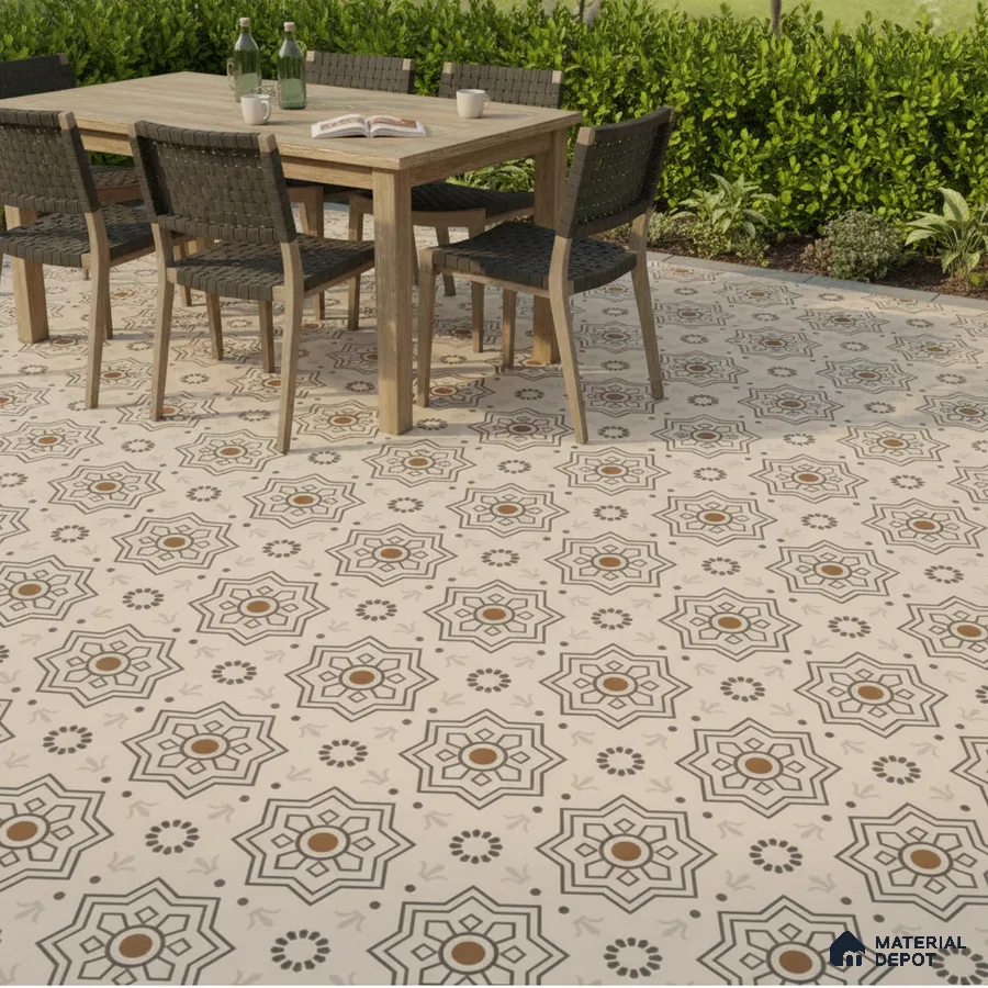 Mediterranean outdoor dining with geometric patterned floor tiles and natural wood table