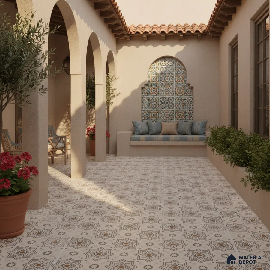 Mediterranean outdoor courtyard with patterned floor tiles and mosaic accent wall