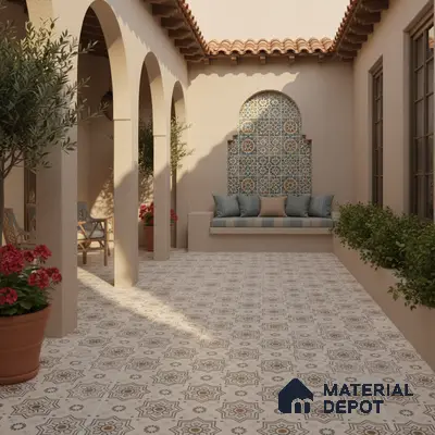 Mediterranean outdoor courtyard with patterned floor tiles and mosaic accent wall