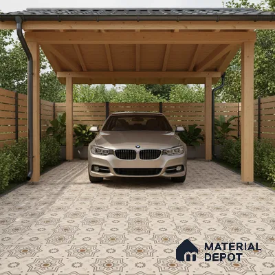 Modern parking with patterned beige and brown geometric floor tiles and natural wood carport