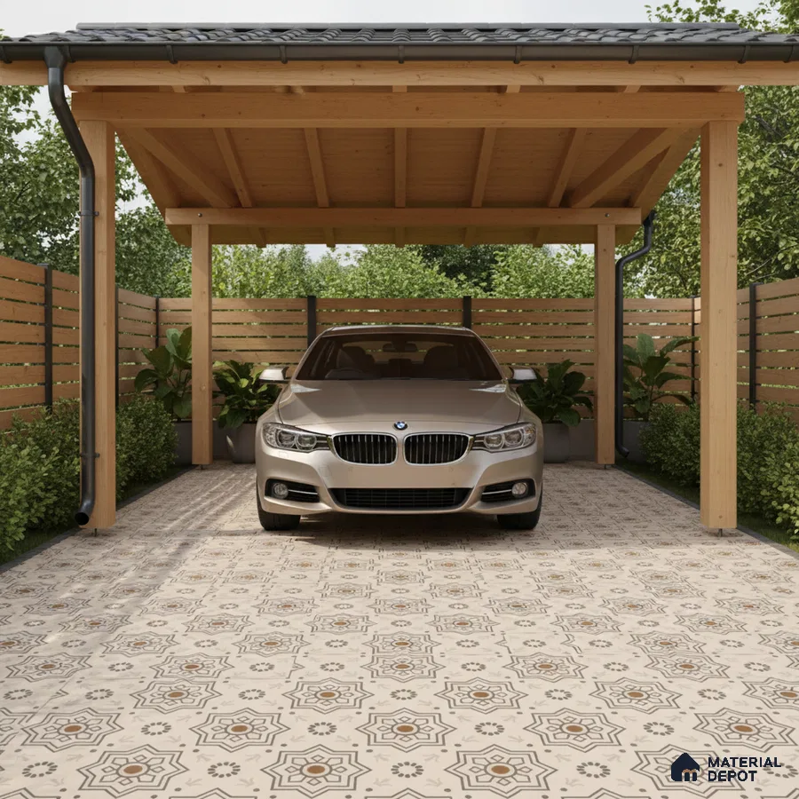 Modern parking with patterned beige and brown geometric floor tiles and natural wood carport