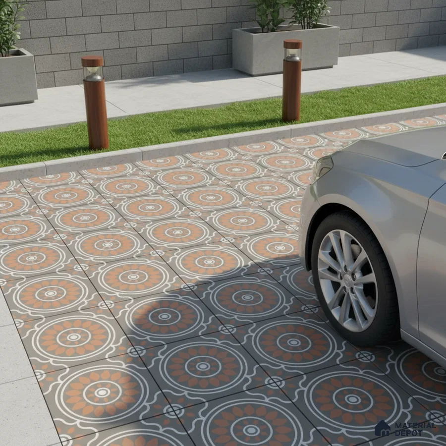 Modern parking with terracotta and grey geometric patterned floor tiles