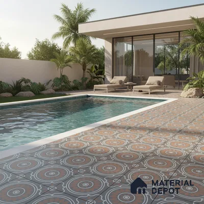 Modern outdoor poolside with terracotta and grey patterned floor tiles
