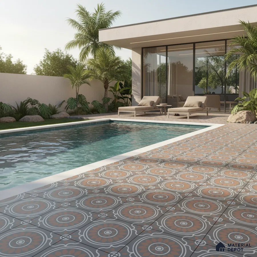 Modern outdoor poolside with terracotta and grey patterned floor tiles
