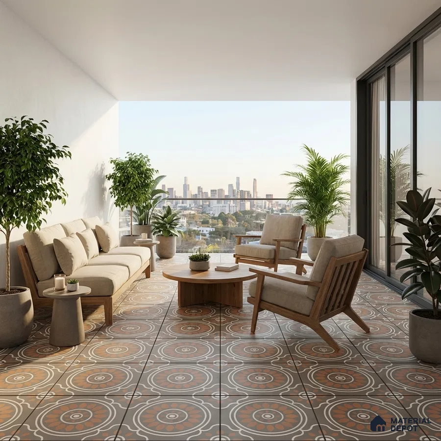 Scandinavian balcony with patterned terracotta and grey floor tiles and natural wood furniture