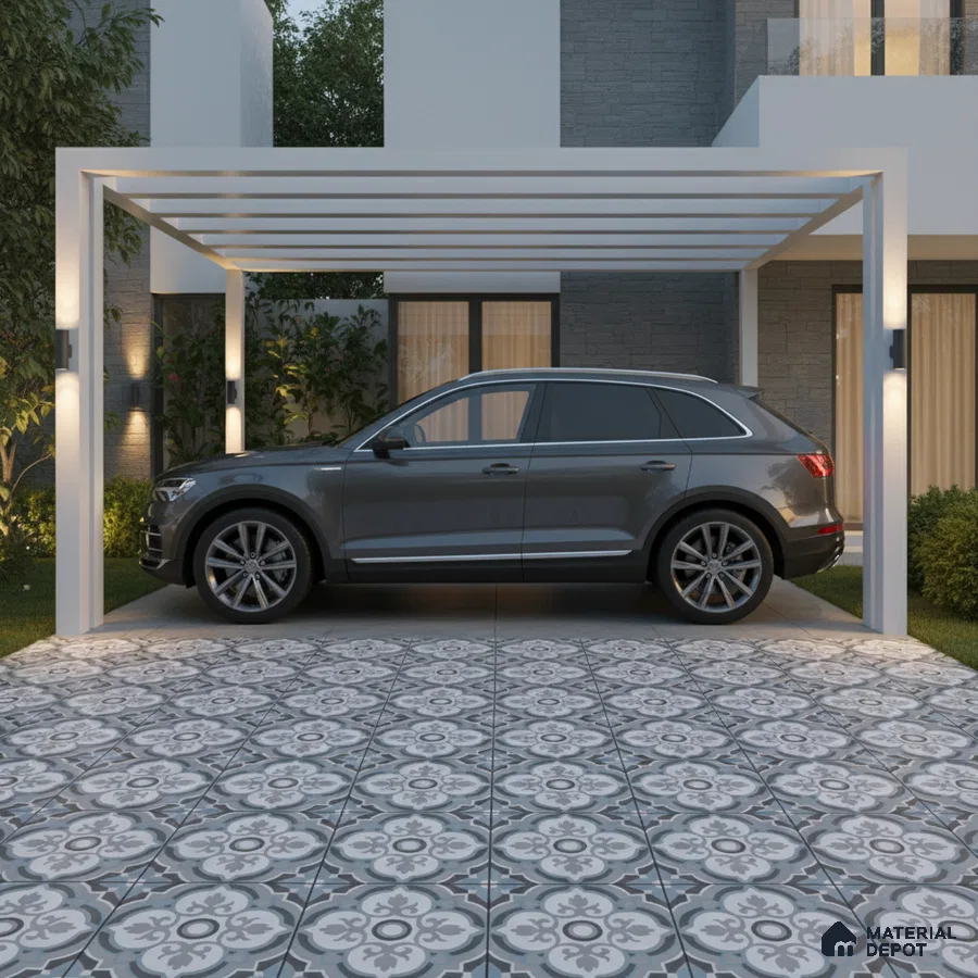 Modern parking with geometric patterned grey and white floor tiles and minimal pergola structure