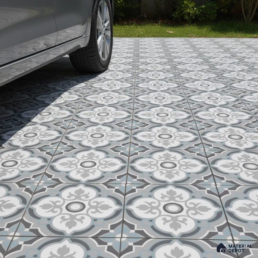 Mediterranean parking area with blue and grey patterned moroccan floor tiles