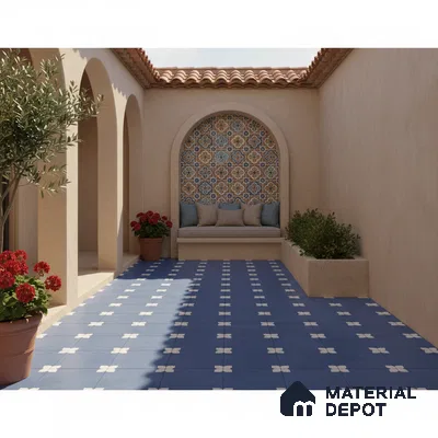 Mediterranean outdoor patio with blue patterned floor tiles and multicolor moroccan wall tiles