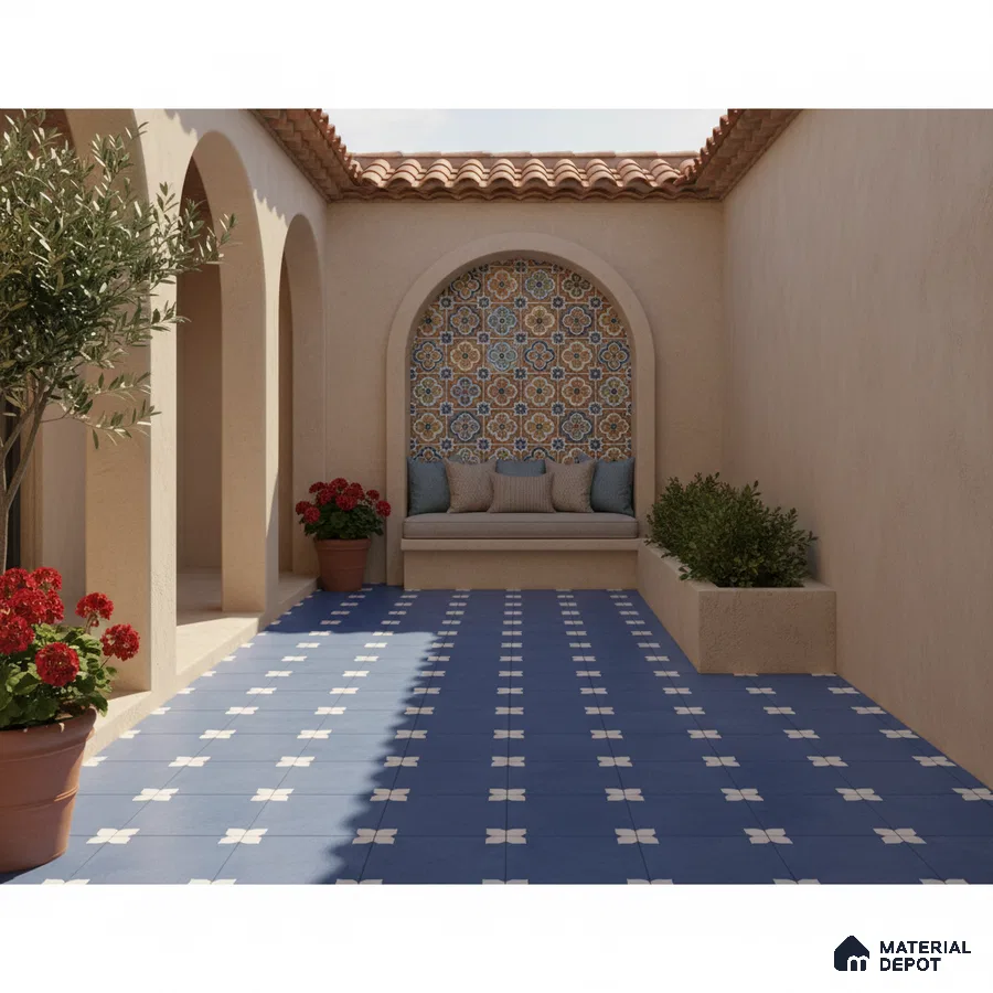Mediterranean outdoor patio with blue patterned floor tiles and multicolor moroccan wall tiles