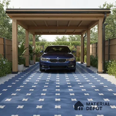 Modern parking with blue geometric patterned floor tiles and wooden carport structure