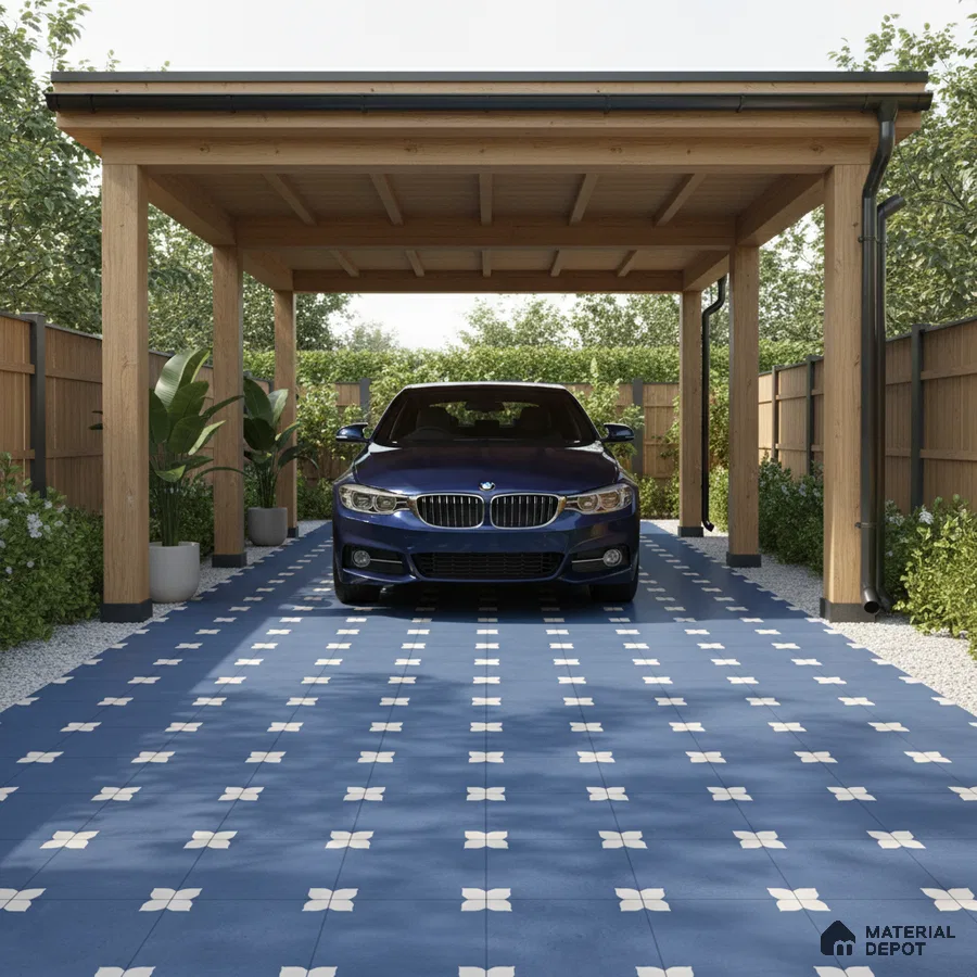 Modern parking with blue geometric patterned floor tiles and wooden carport structure