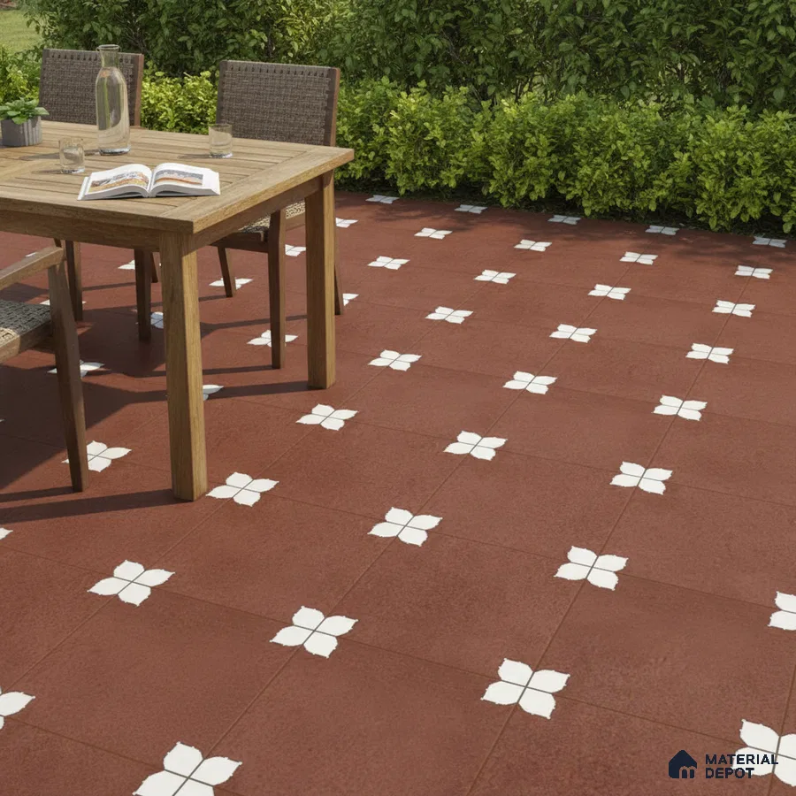 Modern outdoor patio with terracotta patterned floor tiles and wooden dining set