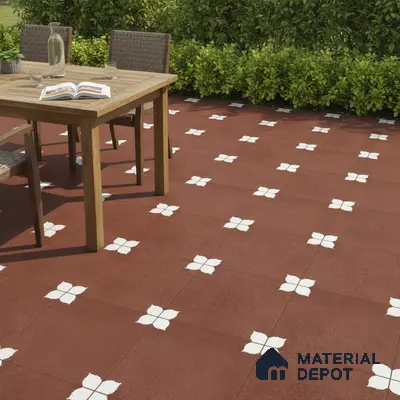 Modern outdoor patio with terracotta patterned floor tiles and wooden dining set