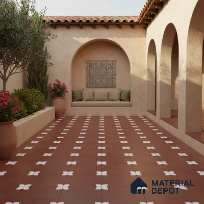 Mediterranean outdoor courtyard with terracotta patterned floor tiles and stucco walls