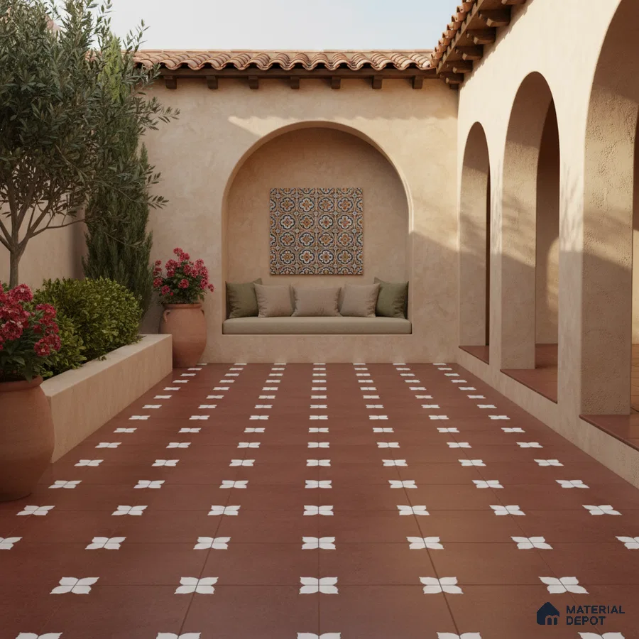 Mediterranean outdoor courtyard with terracotta patterned floor tiles and stucco walls