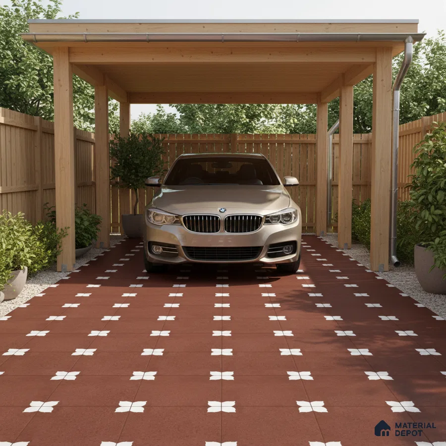 Modern parking with terracotta patterned floor tiles and wooden carport structure