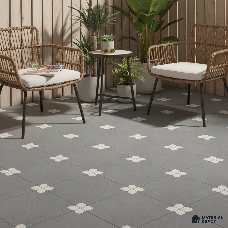 Scandinavian balcony with light wood wall panels and grey floral patterned floor tiles