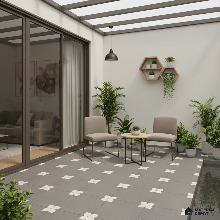 Modern balcony with grey and white geometric patterned floor tiles and minimalist outdoor seating