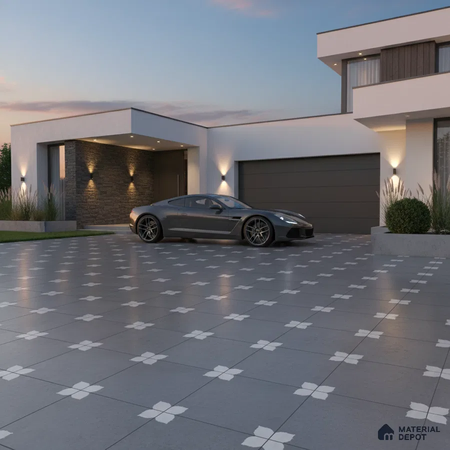 Modern parking with grey geometric patterned floor tiles and stone cladding accent wall