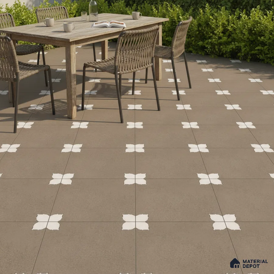 Scandinavian outdoor dining with taupe patterned floor tiles and natural wood table
