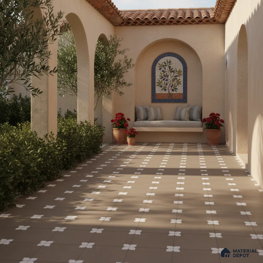 Mediterranean outdoor patio with terracotta roof, beige stucco walls, and patterned brown floor tiles