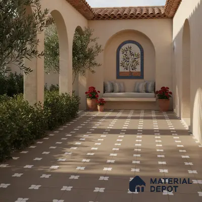 Mediterranean outdoor patio with terracotta roof, beige stucco walls, and patterned brown floor tiles