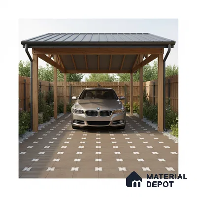 Modern parking with wooden pergola, grey metal roof, and patterned outdoor floor tiles