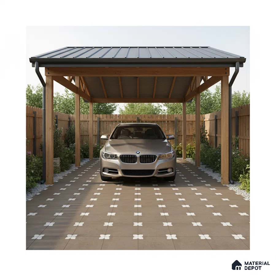 Modern parking with wooden pergola, grey metal roof, and patterned outdoor floor tiles