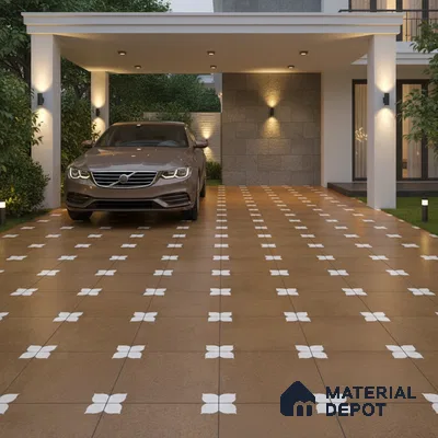 Modern parking with brown patterned floor tiles and geometric motif