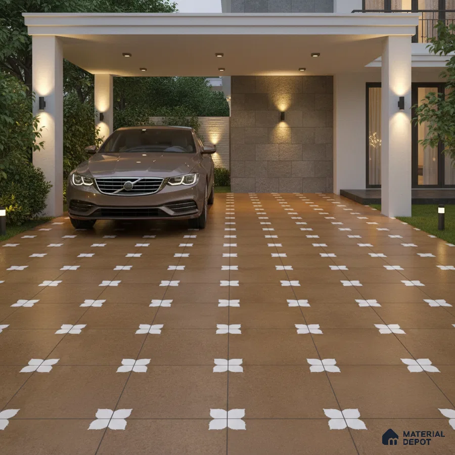 Modern parking with brown patterned floor tiles and geometric motif