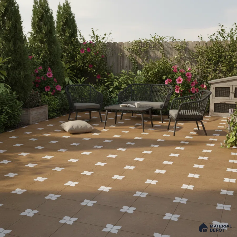Modern outdoor patio with terracotta floral patterned floor tiles and black rope furniture