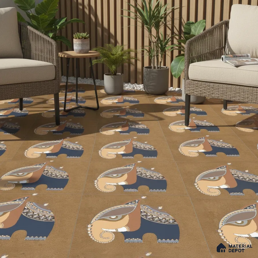 Eclectic outdoor seating with Indian elephant patterned floor tiles and wooden louver wall