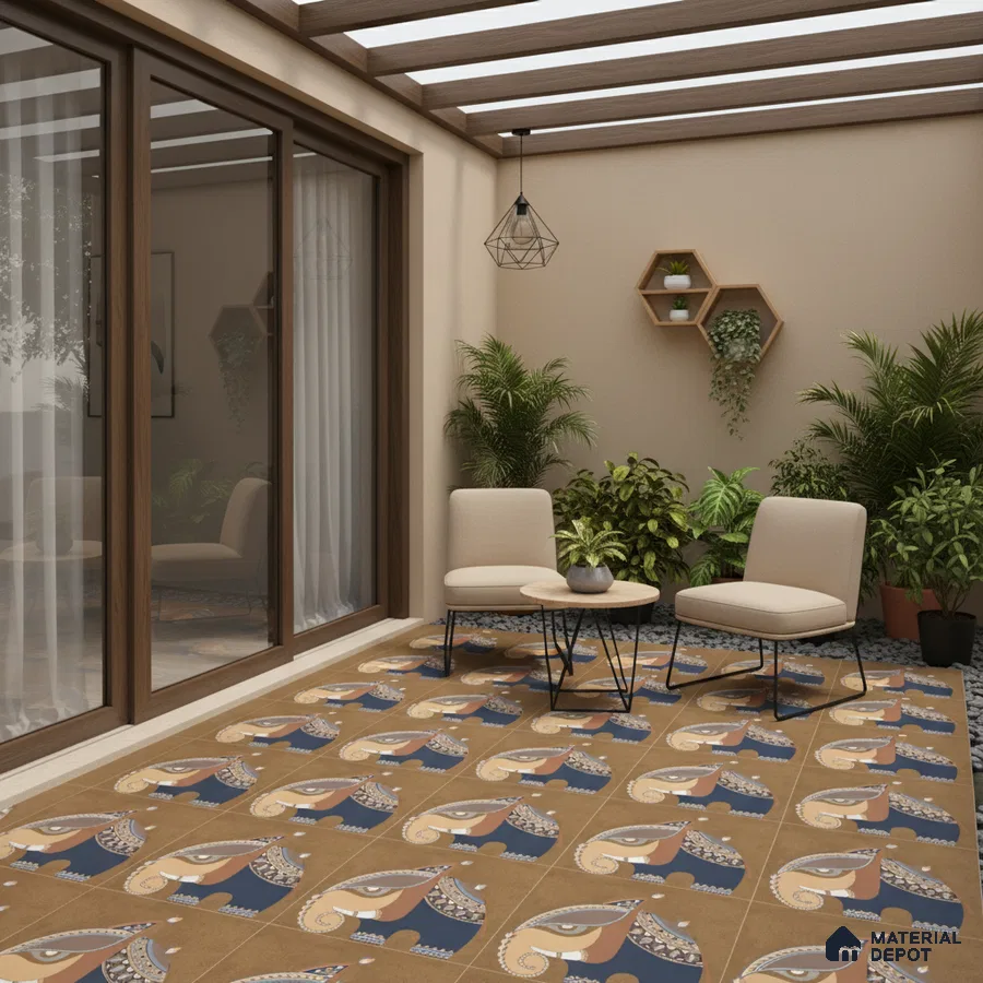 Modern balcony with brown and blue patterned floor tiles and wooden pergola ceiling