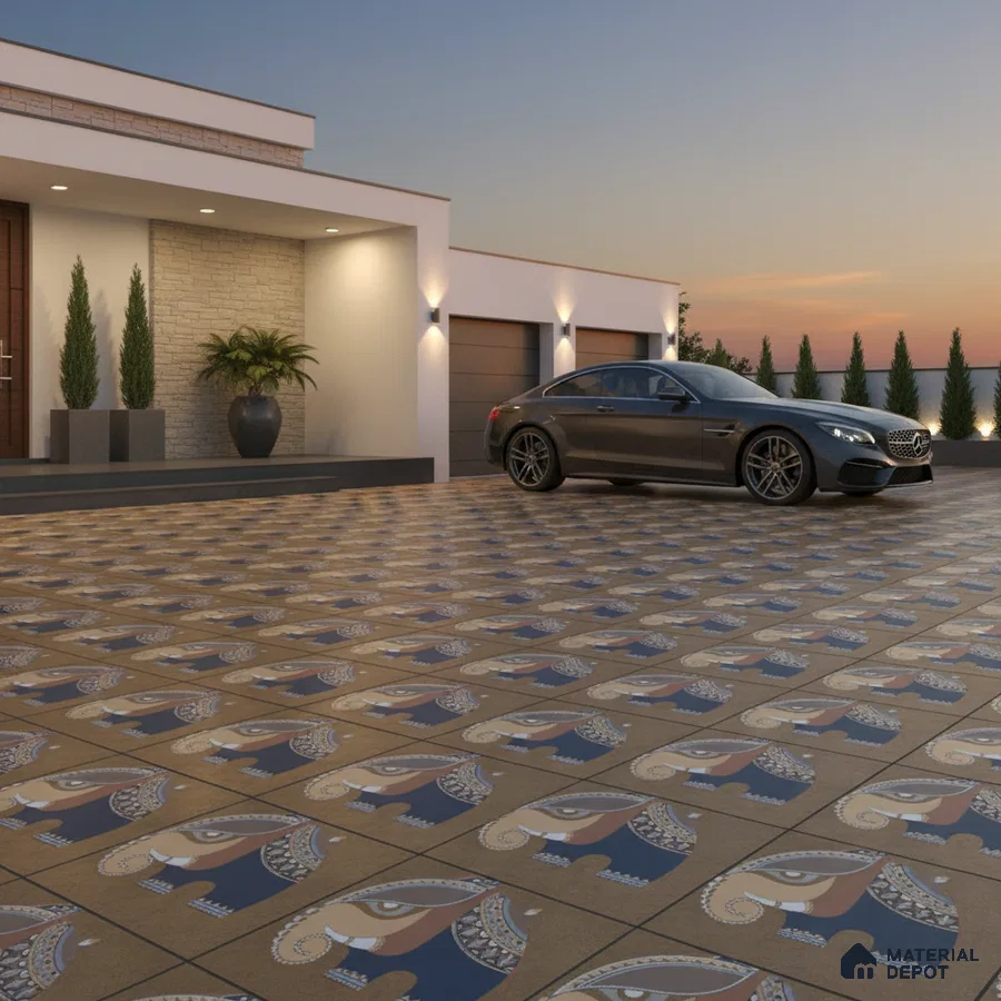 Modern parking with elephant motif patterned outdoor tiles and stone cladding accent wall