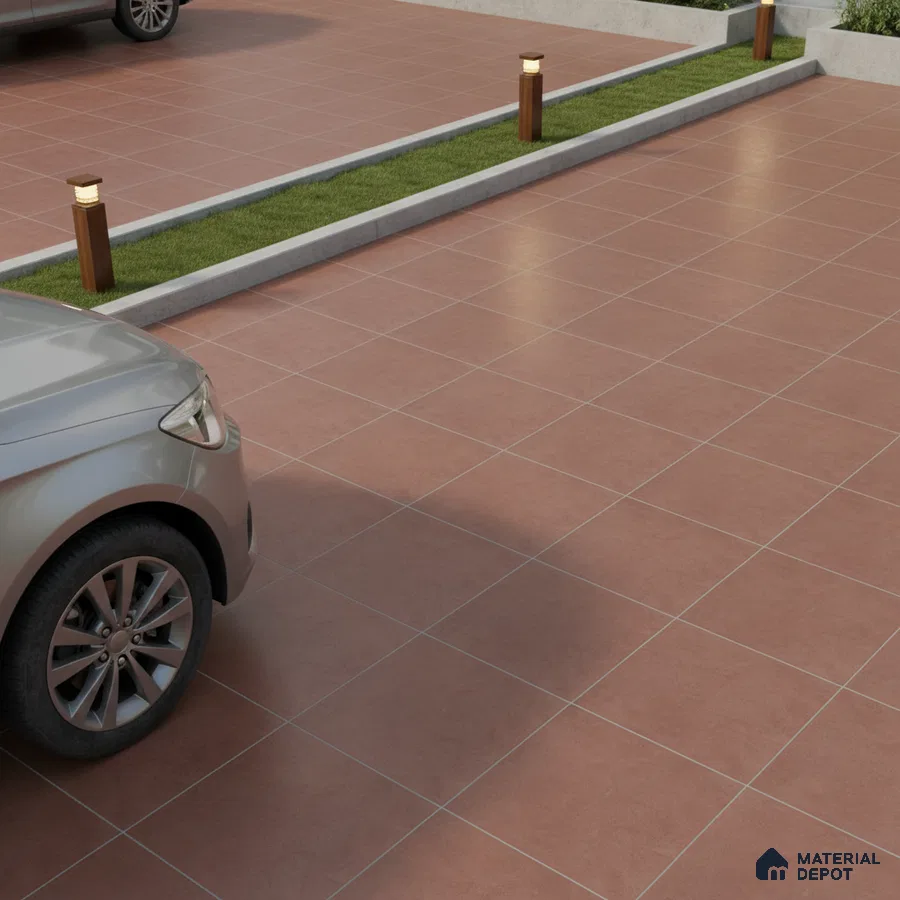 Modern parking area with terracotta matte floor tiles