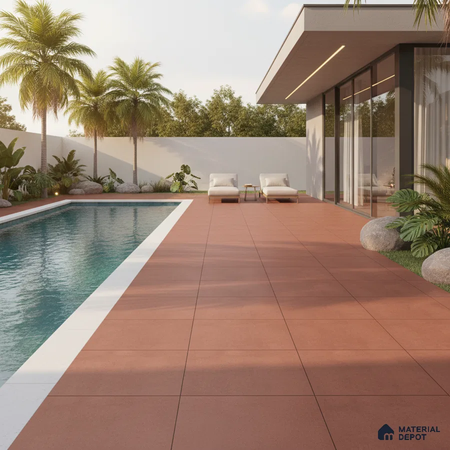 Modern outdoor poolside with terracotta floor tiles and minimalist landscaping