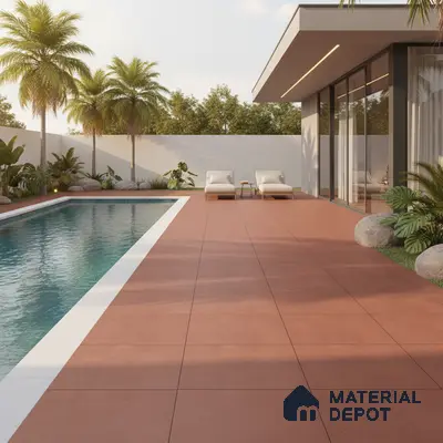 Modern outdoor poolside with terracotta floor tiles and minimalist landscaping